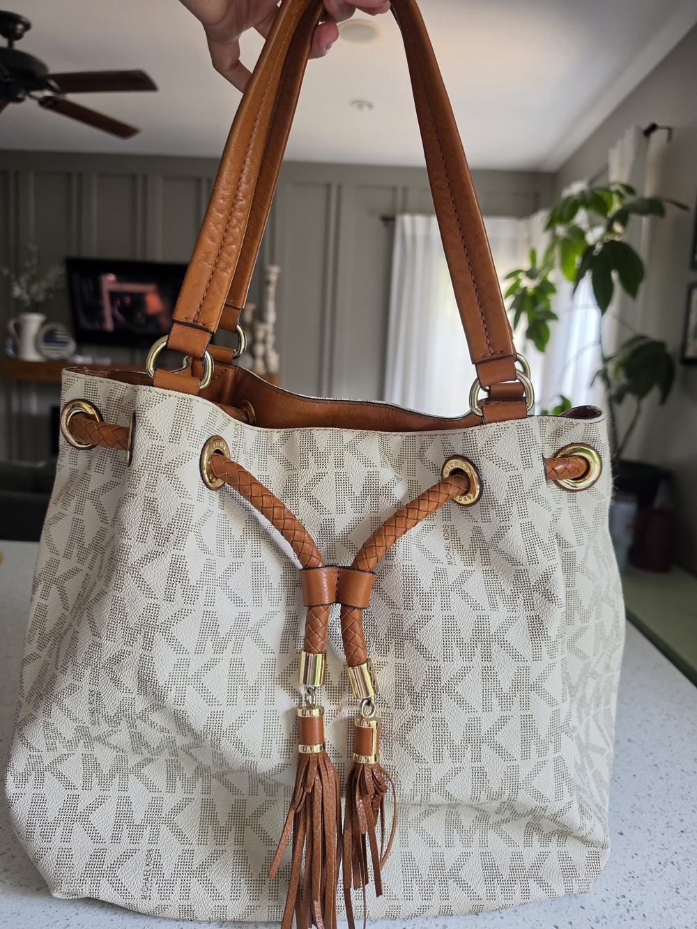 Michael Kors Ivory Logo Drawstring Shoulder Bag with Tan Trim